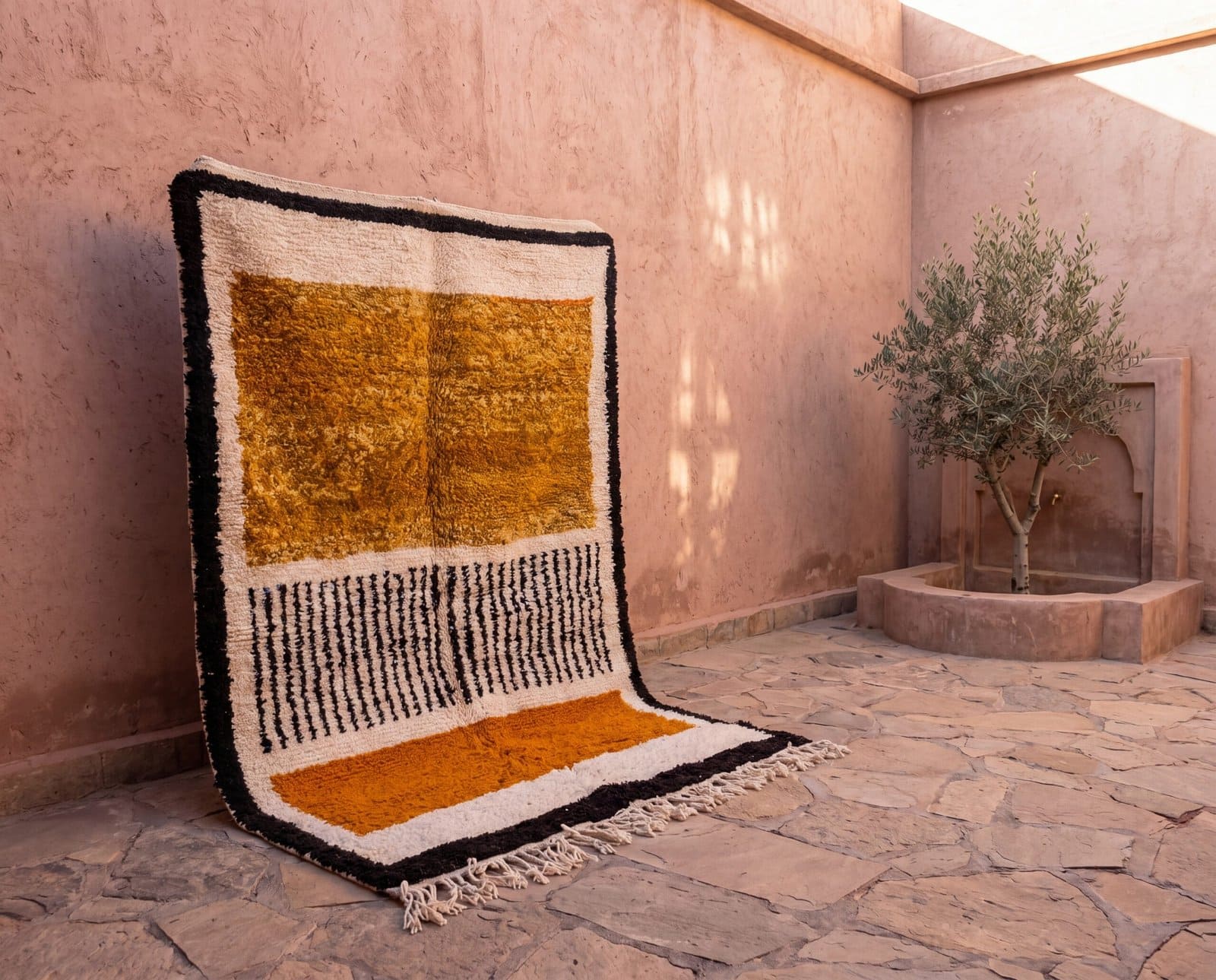 moroccan-azilal-rug-mustard-black-ivory-handmade-wool-rug-boho-area-rug Mustard Yellow Beni Ourain Rug | Black Geometric Striped Moroccan Wool Rug | Handwoven Berber Area Rug | Tribal Handmade Carpet | Teppich