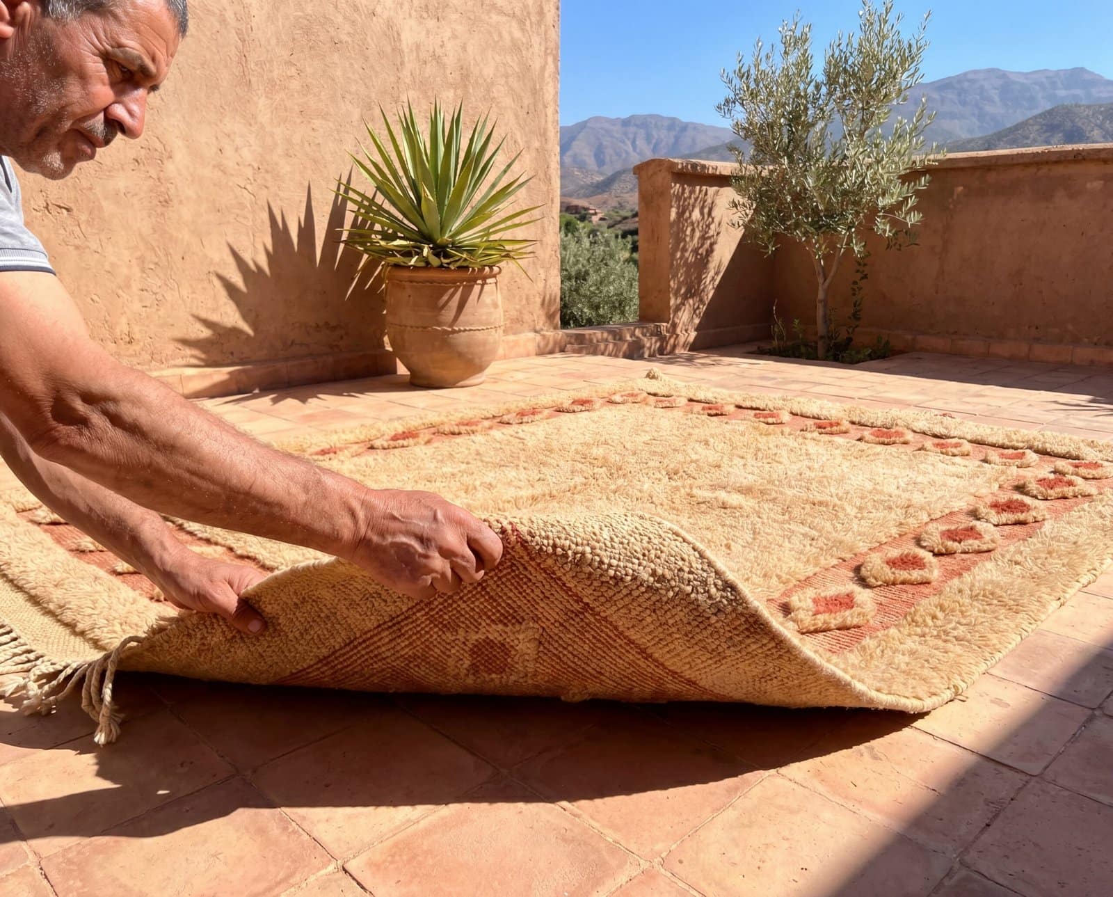 moroccan-beni-ourain-style-rug-earthy-boho-decor Handmade Moroccan Berber Rug | Plush Beige Wool Area Rug with Tribal Red Border | Boho Luxury Home Decor Carpet for Living Room & Bedroom