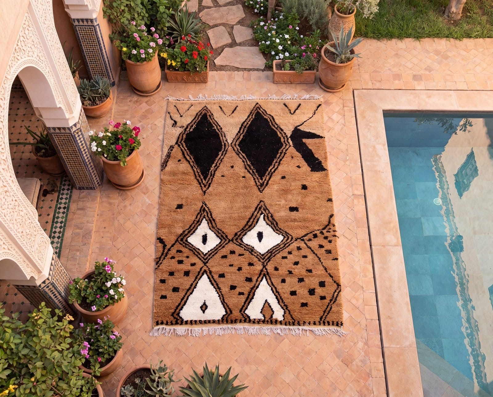 moroccan-berber-rug-handmade-geometric-wool-area-rug Hand-Knotted Beni Ourain Wool Rug, Brown White Berber Shag Carpet