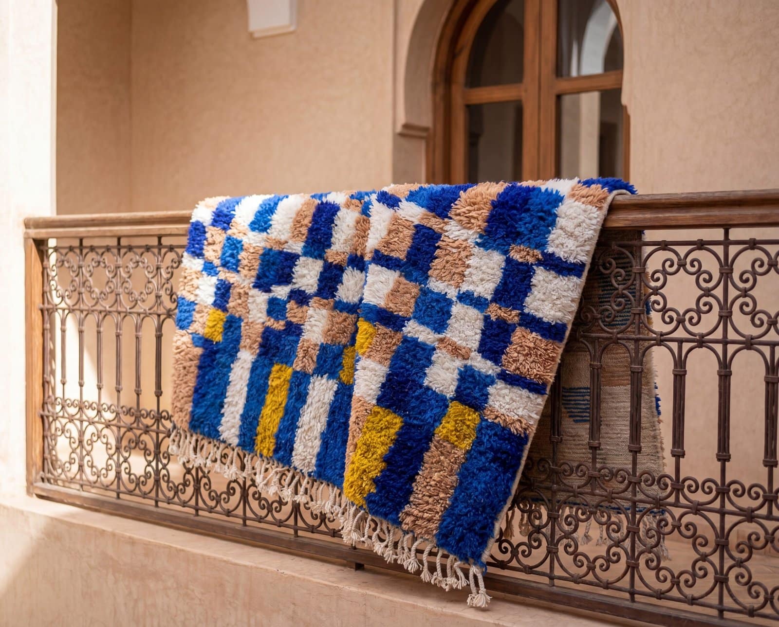 moroccan-checkered-rug-plush-bohemian-living-room-carpet Handmade Moroccan Azilal Rug | Blue Berber Wool Geometric Carpet
