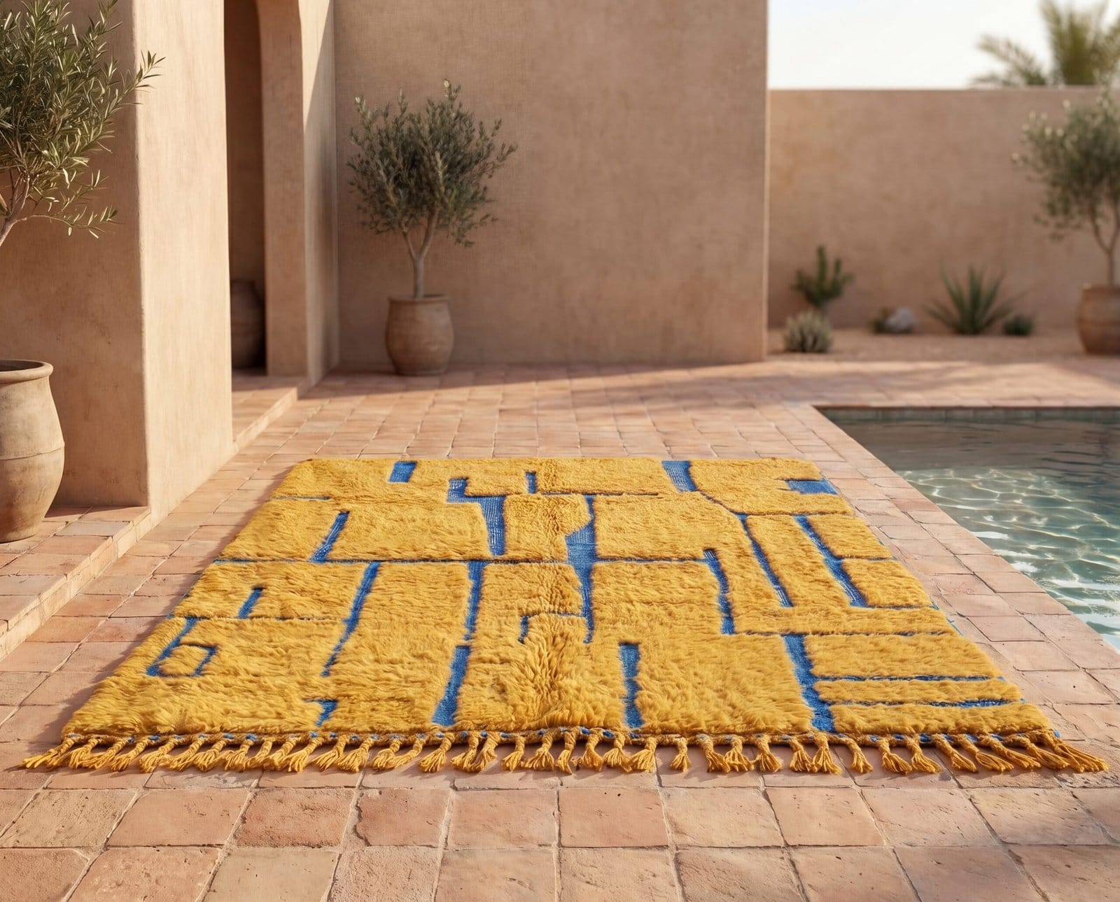 moroccan-floor-rug-striped-blue-gold-bohemian Handmade Beni Ourain Red Rug – Authentic Moroccan Red Rug, Geometric Design, Boho Home Decor
