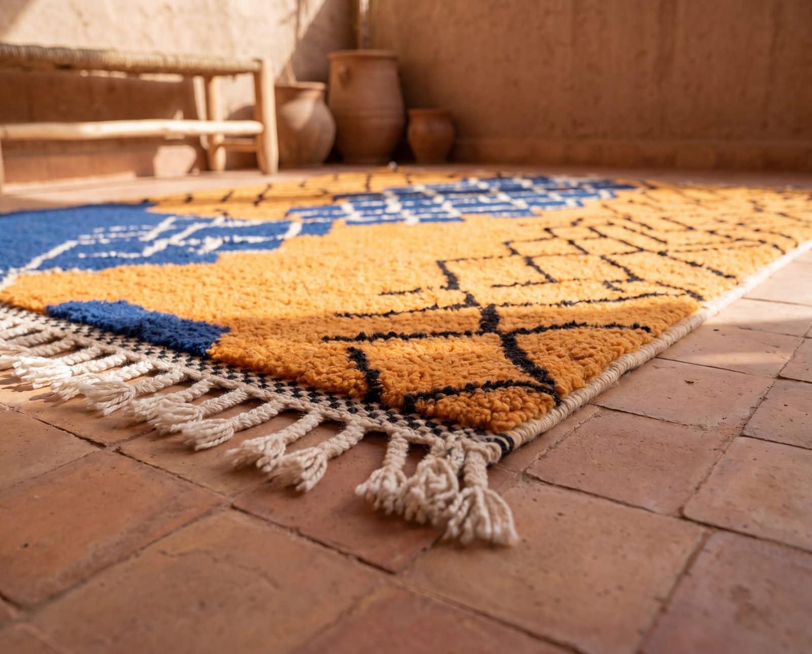 moroccan-geometric-blue-rug-handmade-berber-shag-carpet Handmade Beni Ourain Wool Rug – Moroccan Berber Boho Carpet, Blue Orange Geometric Design