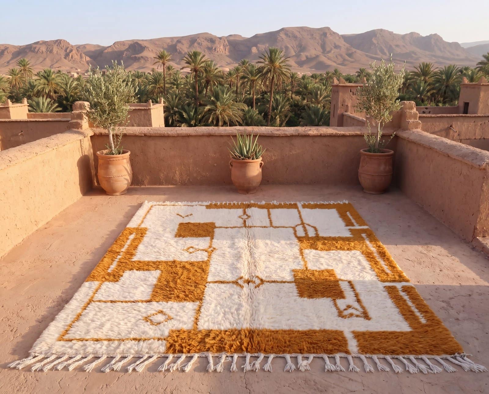 moroccan-rug-9x12-handmade-carpet-geometric-brown-wool-rug Beni Ourain Rug, Plush creamy wool base with brown geometric motifs, Berber Rug, Home Decor Rug.