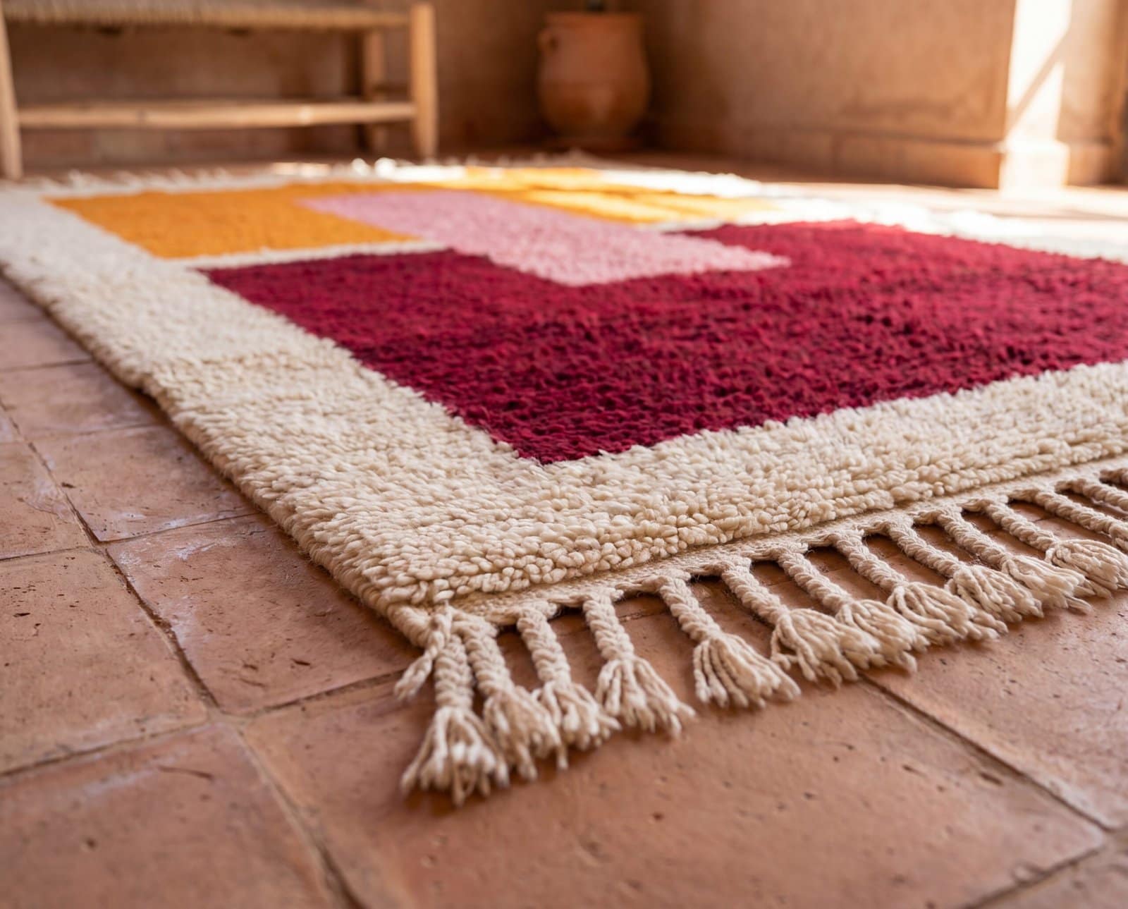 moroccan-rug-fringe-closeup Handmade Beni Ourain Wool Rug, Colorful Moroccan Geometric Area Rug