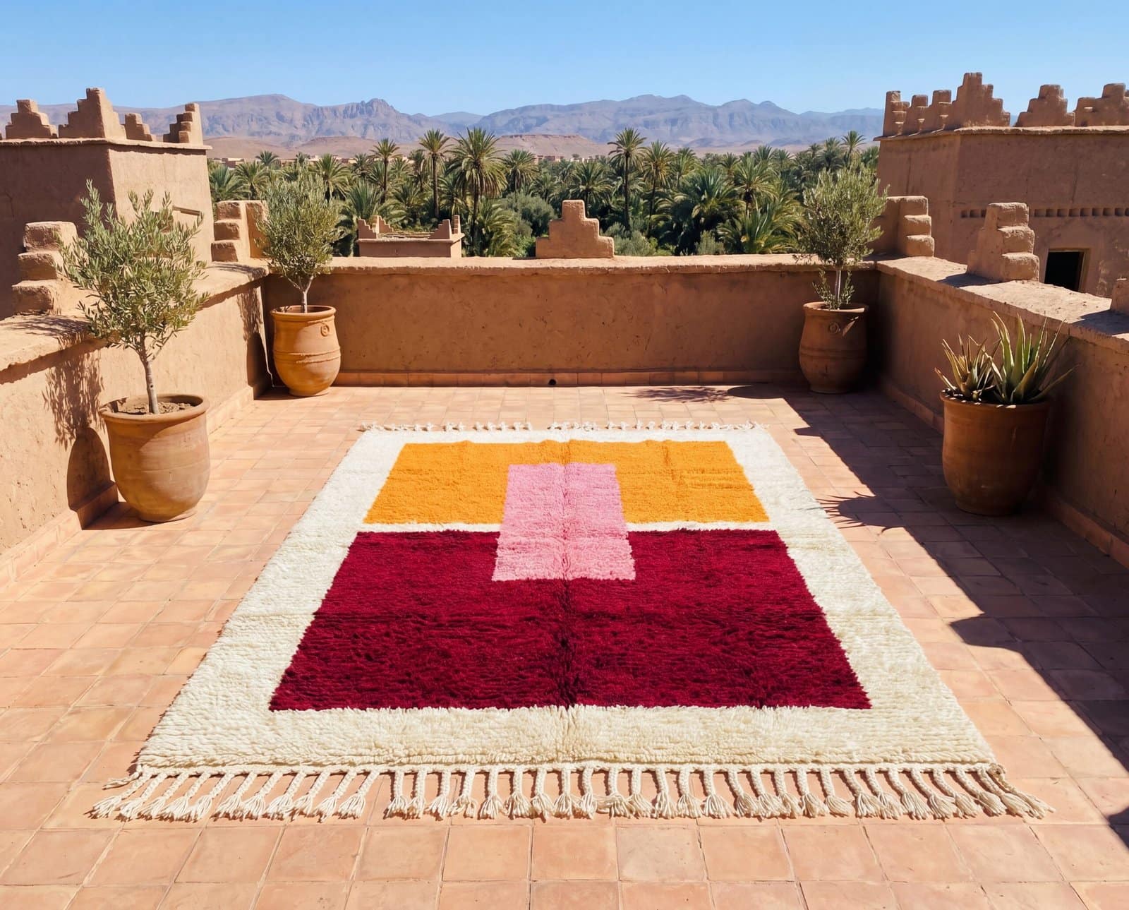 moroccan-rug-full-rooftop-terrace Handmade Beni Ourain Wool Rug, Colorful Moroccan Geometric Area Rug
