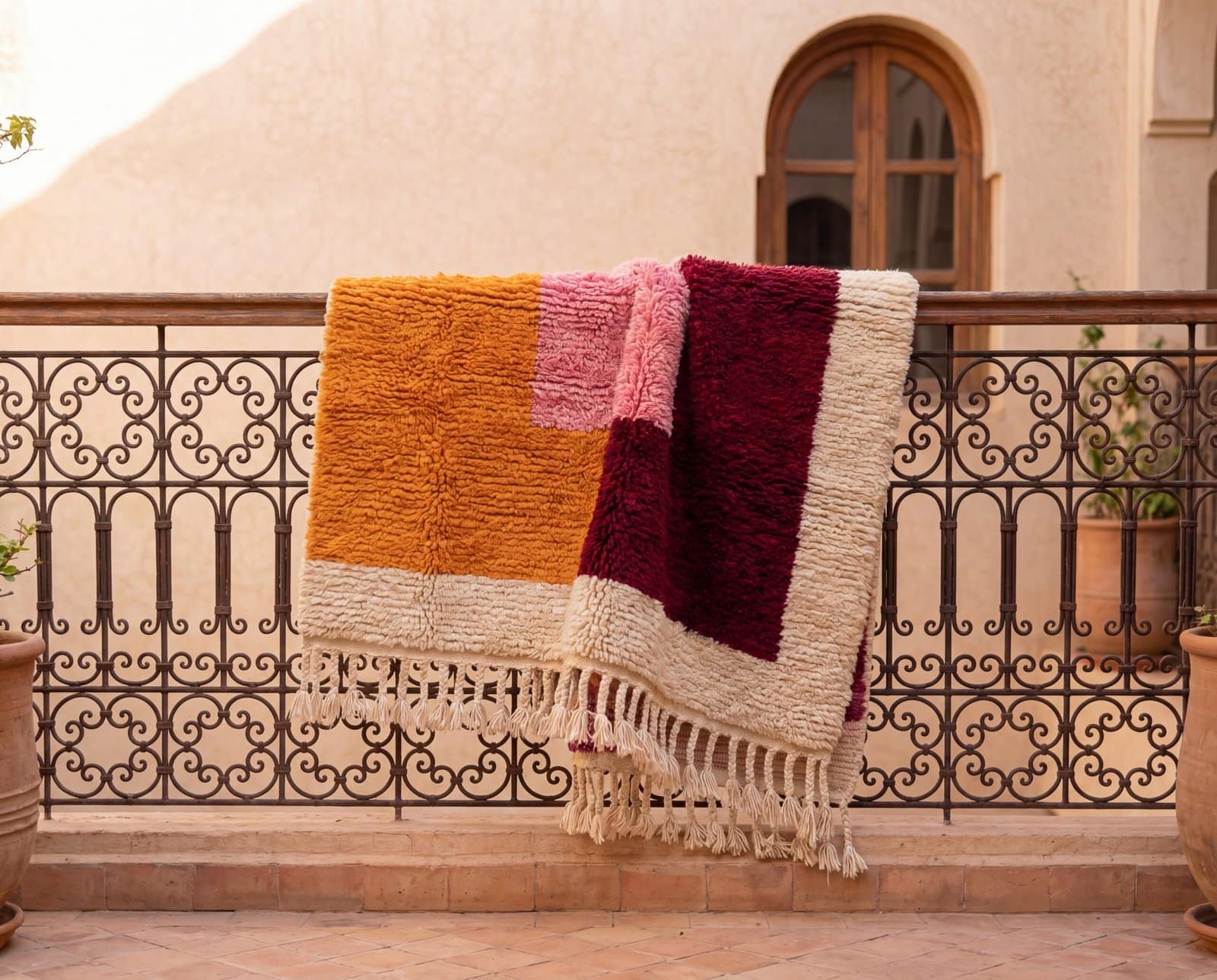 moroccan-rug-iron-balcony-display Handmade Beni Ourain Wool Rug, Colorful Moroccan Geometric Area Rug