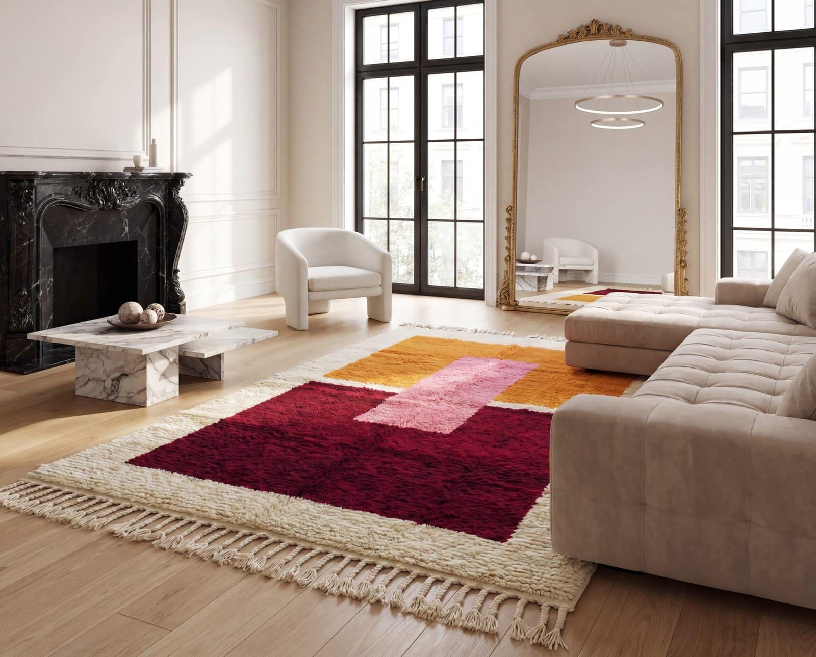 moroccan-rug-luxury-sunken-living-room Handmade Beni Ourain Wool Rug, Colorful Moroccan Geometric Area Rug