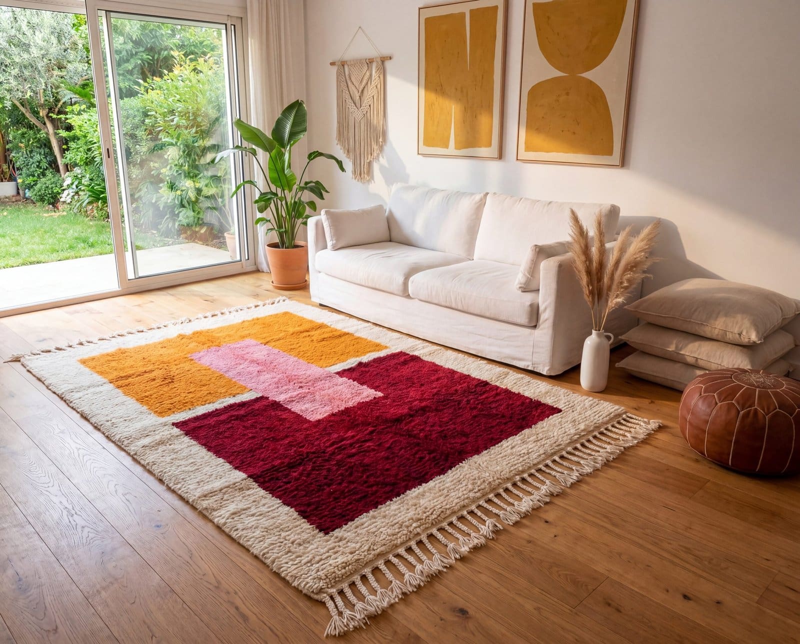 moroccan-rug-modern-living-room Handmade Beni Ourain Wool Rug, Colorful Moroccan Geometric Area Rug