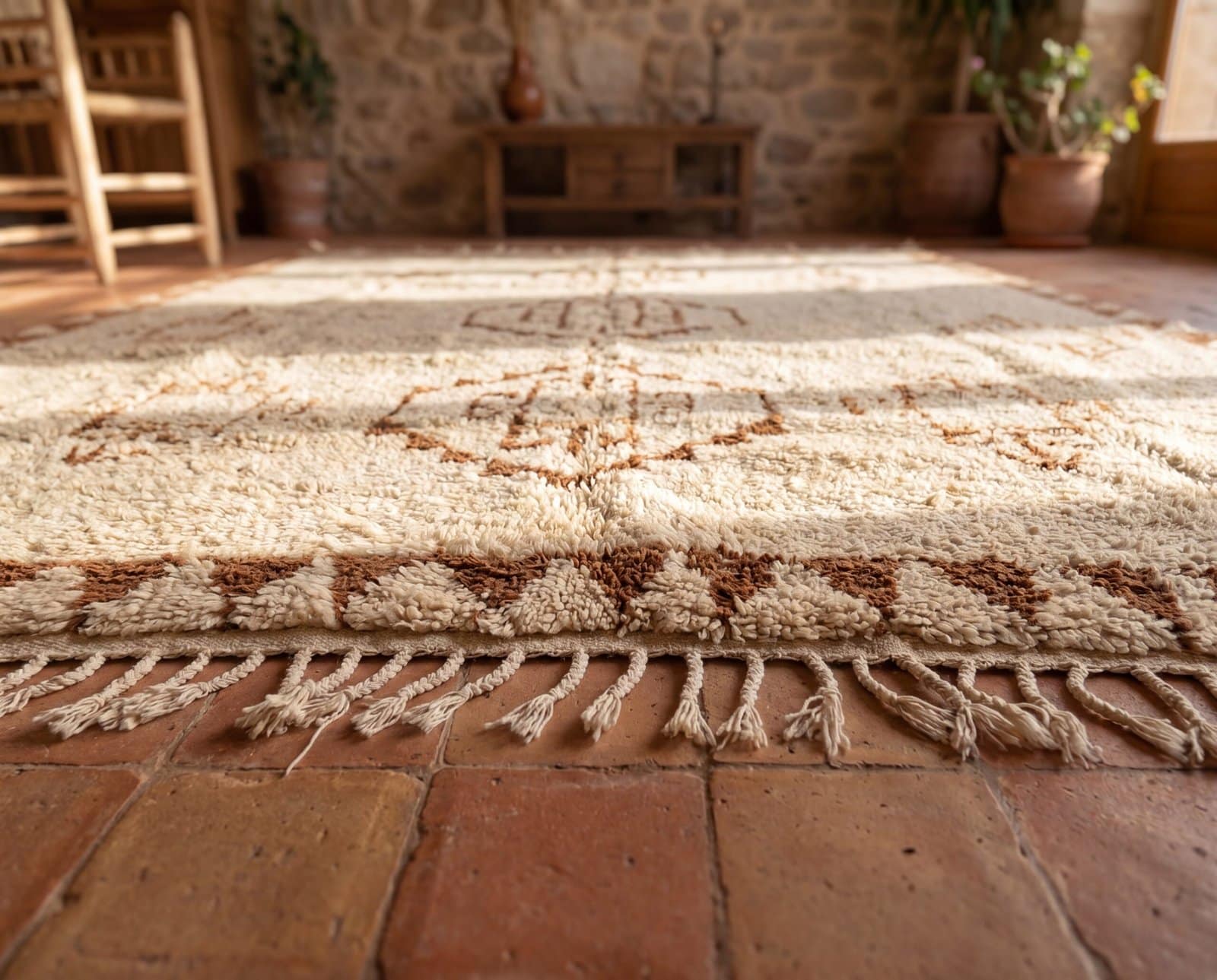 moroccan-shag-rug-handmade-wool-area-carpet Handmade Moroccan Wool Rug, Plush creamy wool base with brown geometric motifs