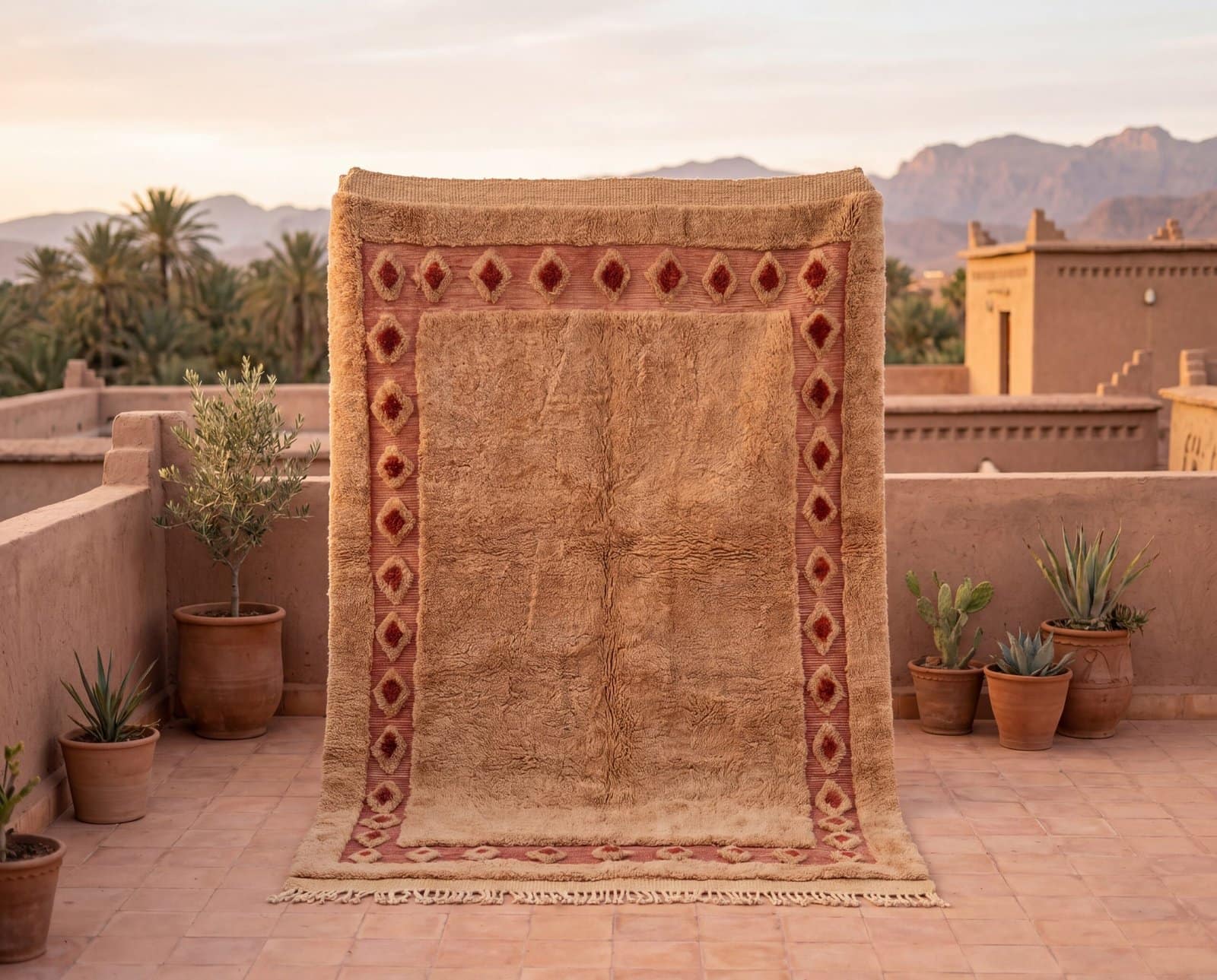 moroccan-tribal-rug-beige-red-geometric-pattern Handmade Moroccan Berber Rug | Plush Beige Wool Area Rug with Tribal Red Border | Boho Luxury Home Decor Carpet for Living Room & Bedroom