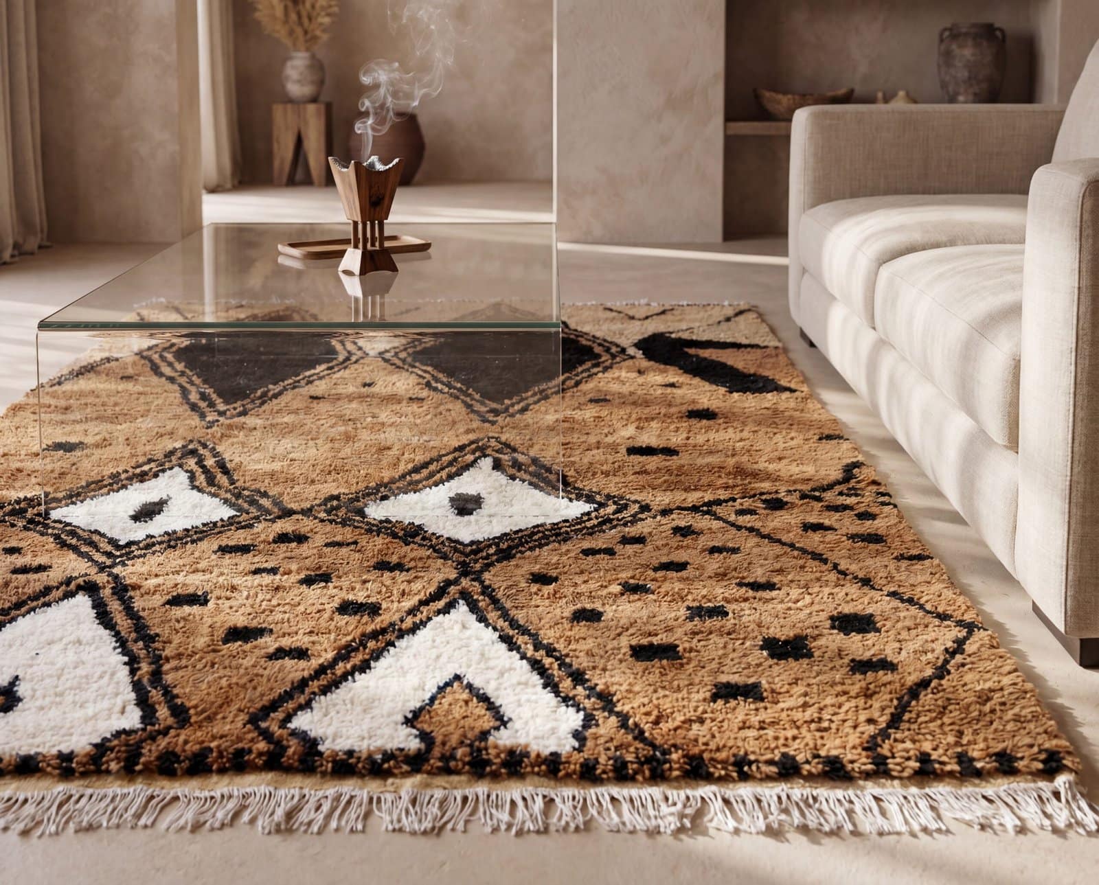 moroccan-wool-rug-neutral-bohemian-home-decor Hand-Knotted Beni Ourain Wool Rug, Brown White Berber Shag Carpet