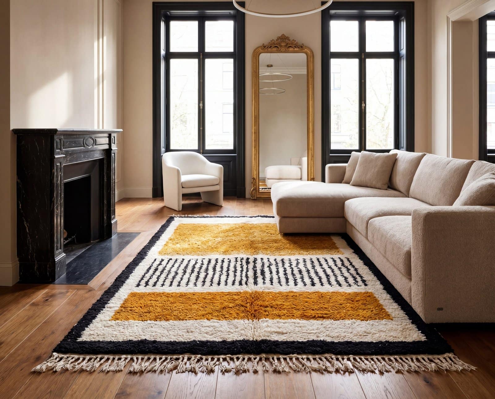 mustard-yellow-moroccan-area-rug-neutral-boho-home-decor Mustard Yellow Beni Ourain Rug | Black Geometric Striped Moroccan Wool Rug | Handwoven Berber Area Rug | Tribal Handmade Carpet | Teppich