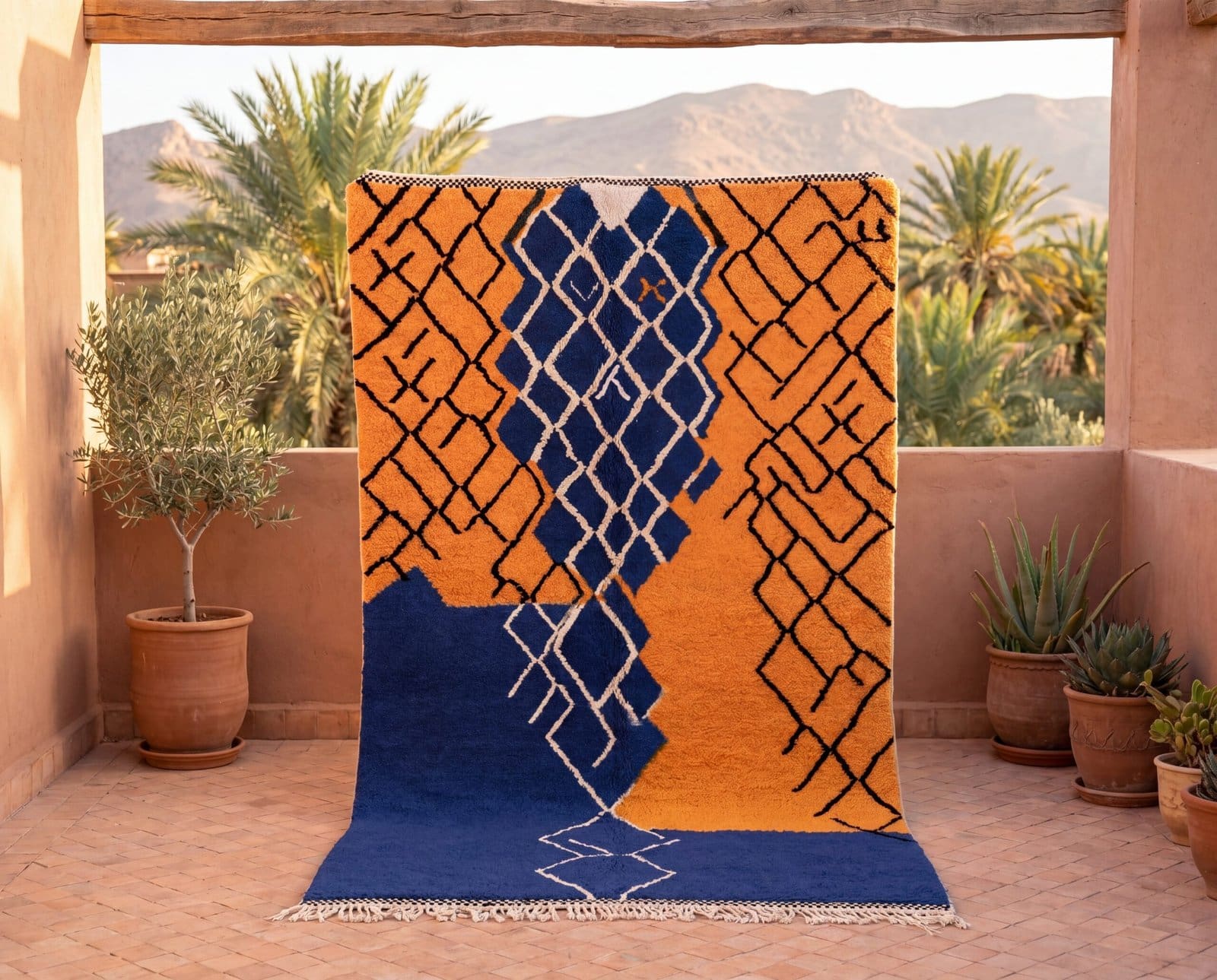 navy-blue-berber-rug-geometric-moroccan-shag-rug-modern-boho-decor Handmade Beni Ourain Wool Rug – Moroccan Berber Boho Carpet, Blue Orange Geometric Design