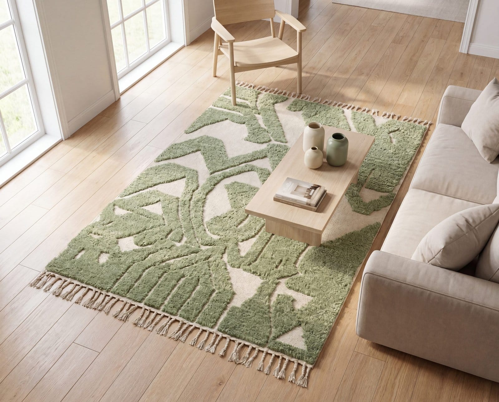 neutral-home-rug-cream-shag-rug-customizable-area-rug Handmade Olive Green Moroccan Wool Rug, Abstract Berber Shag Area Carpet