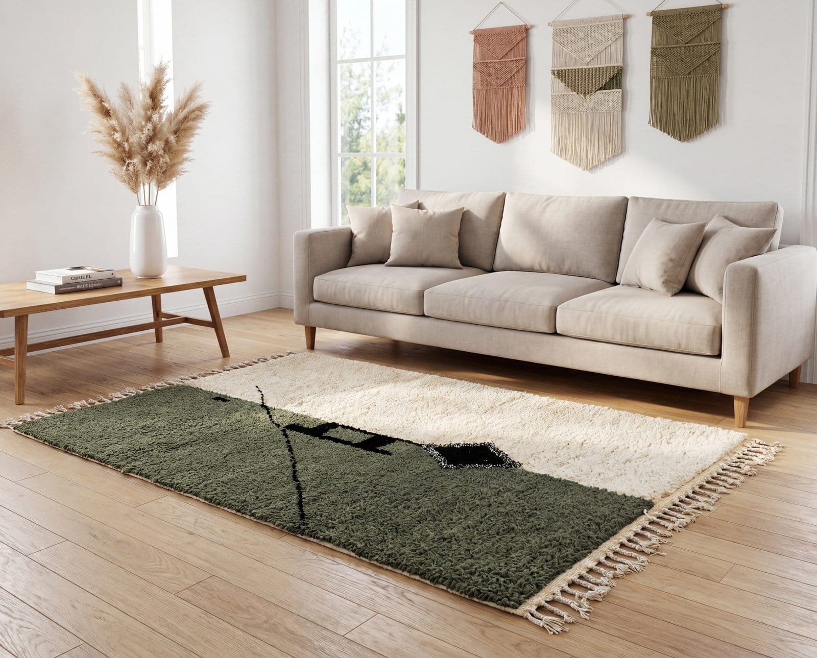 olive-cream-beniourain-rug-custom-wool-rug Olive Green Beni Ourain Rug- Handmade Moroccan Wool Carpet - Minimalist Berber Shag Rug