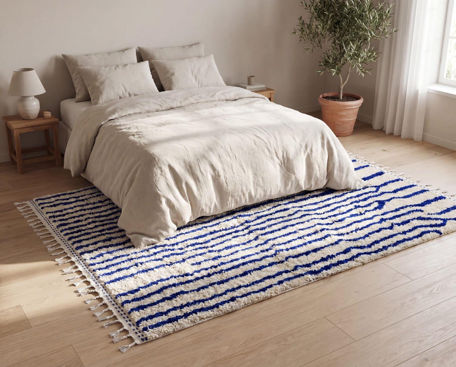 oversized-moroccan-rug-blue-striped-boho-home-decor Contemporary Beni Ourain Rug – Luxury Moroccan Ivory Blue Stripe Area Rug