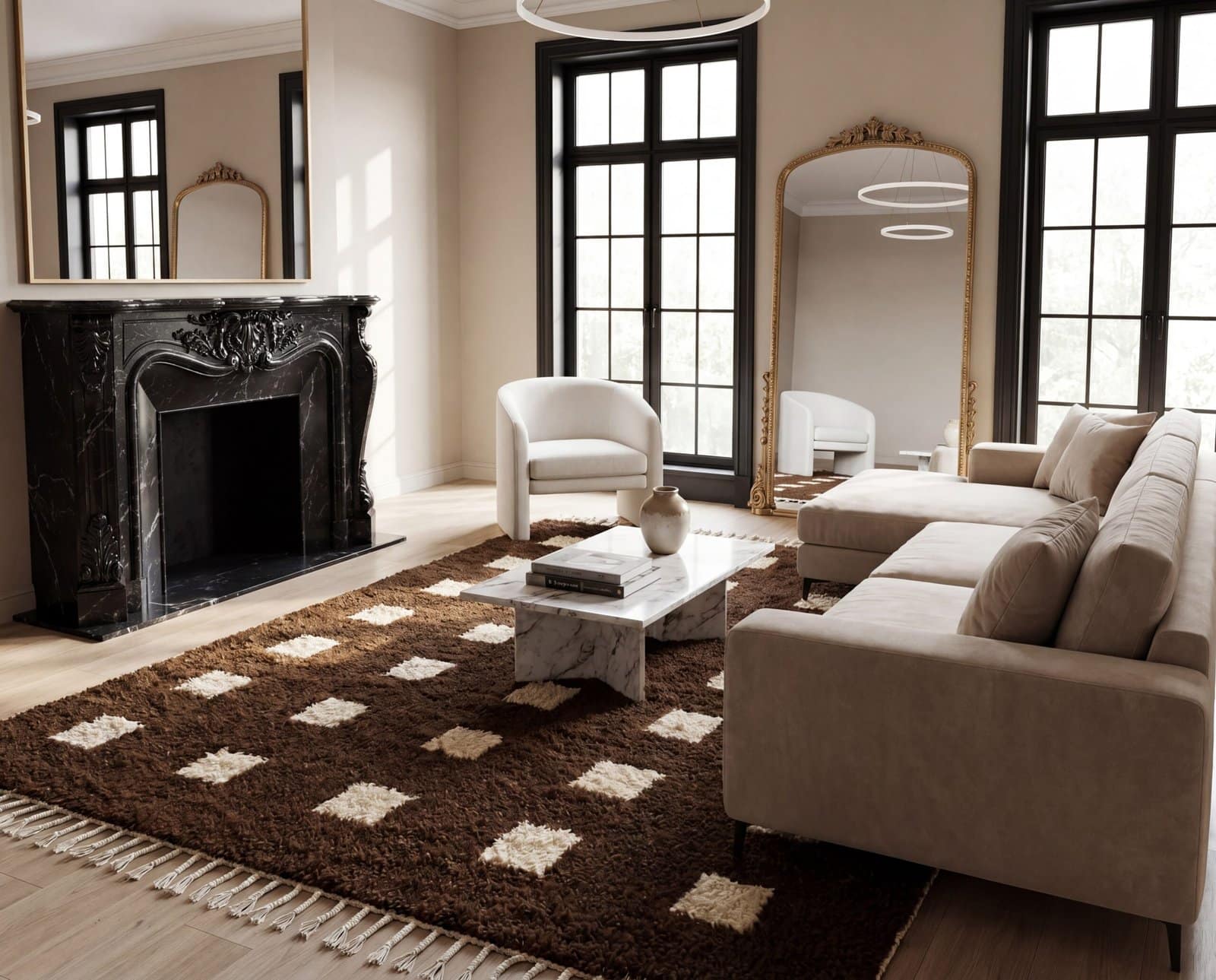 oversized-moroccan-rug-handmade-boho-home-decor Custom Moroccan Rug, Beni Ourain Brown & White Geometric, Square Shag Rug, Handmade Area Rug