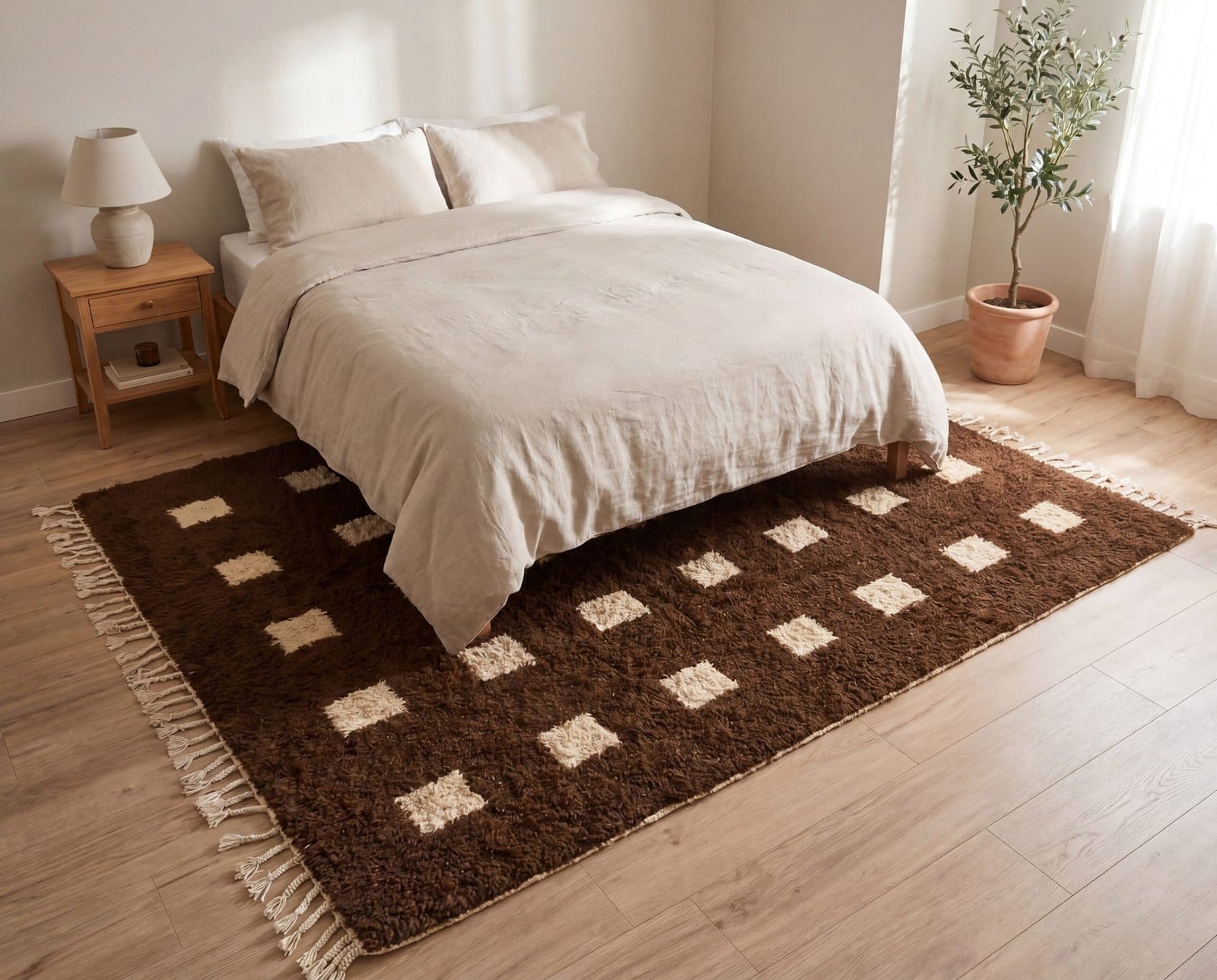 plush-berber-rug-chocolate-cream-moroccan-rug Custom Moroccan Rug, Beni Ourain Brown & White Geometric, Square Shag Rug, Handmade Area Rug
