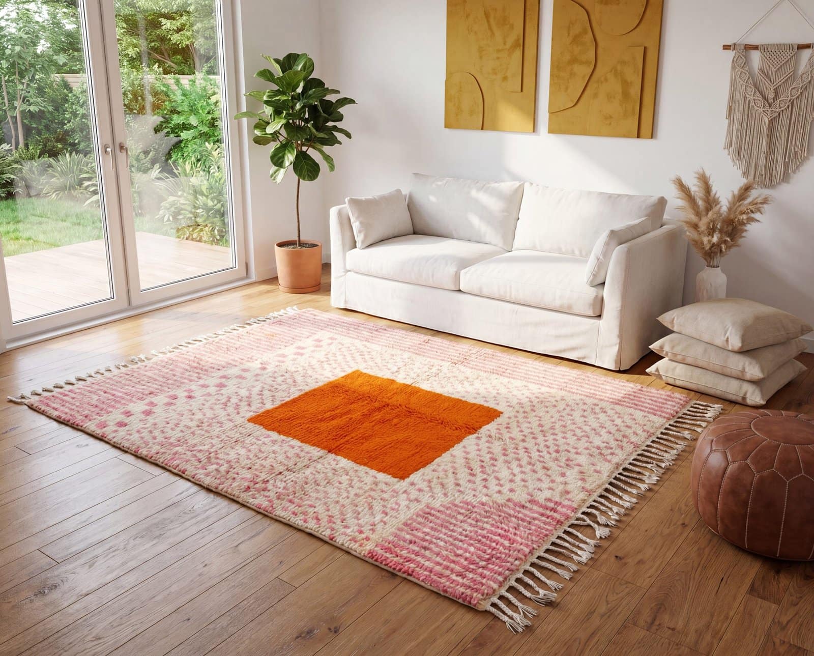 plush-moroccan-rug-blush-pink-and-terracotta-wool-rug Handmade Moroccan Beni Ourain Rug – Pink Stripes, Orange Square Center, Boho Wool Carpet