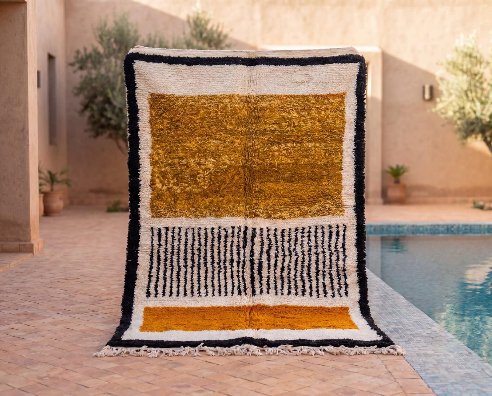 plush-moroccan-tribal-rug-handmade-berber-floor-carpet Mustard Yellow Beni Ourain Rug | Black Geometric Striped Moroccan Wool Rug | Handwoven Berber Area Rug | Tribal Handmade Carpet | Teppich