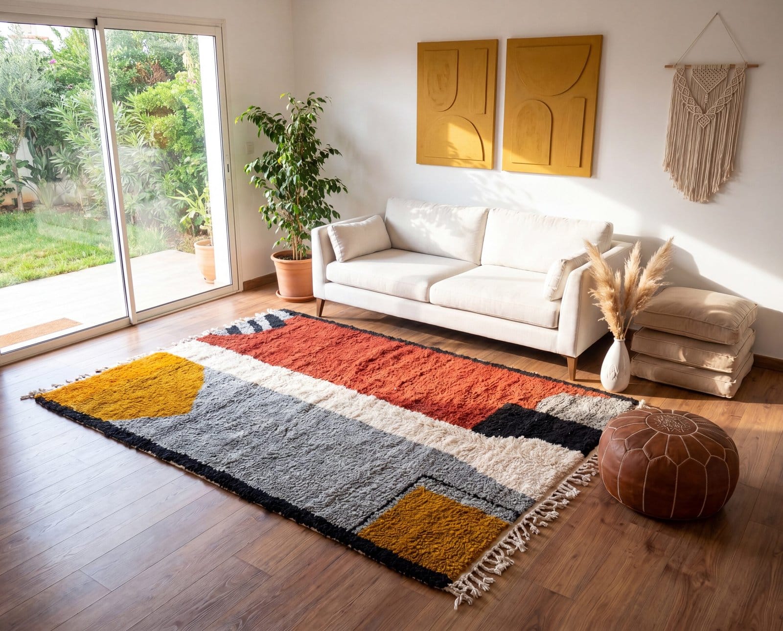 plush-moroccan-wool-rug-geometric-tribal-area-rug Modern Colorblock Moroccan Rug | Handmade Berber Wool Area Rug | Geometric Color Block Carpet | Boho Living Room Rug | Custom Size