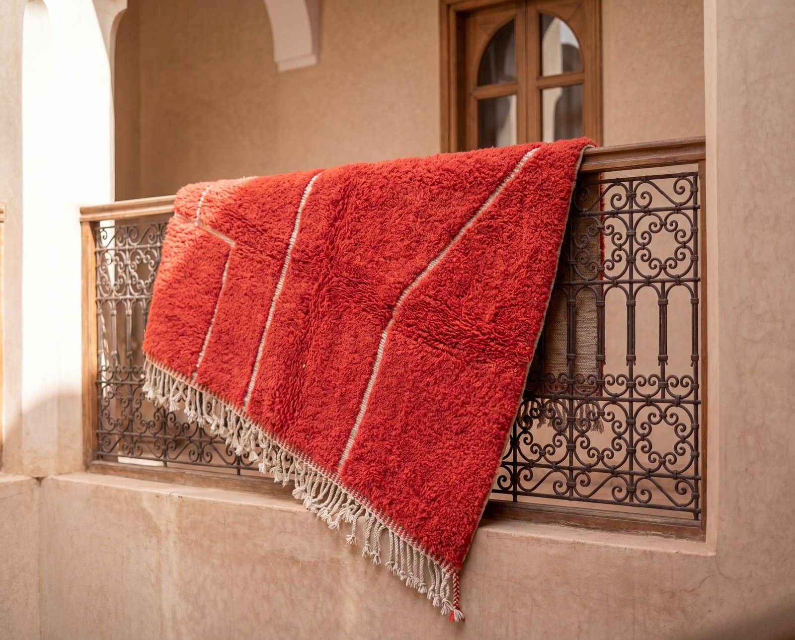 plush-red-moroccan-rug-handwoven-azilal-rug-modern-bohemian-style Handmade Beni Ourain Red Rug – Authentic Moroccan Red Rug, Geometric Design, Boho Home Decor