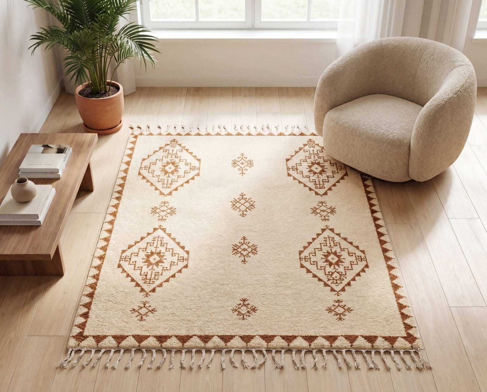 premium-beni-ourain-moroccan-rug-handwoven Handmade Moroccan Wool Rug, Plush creamy wool base with brown geometric motifs