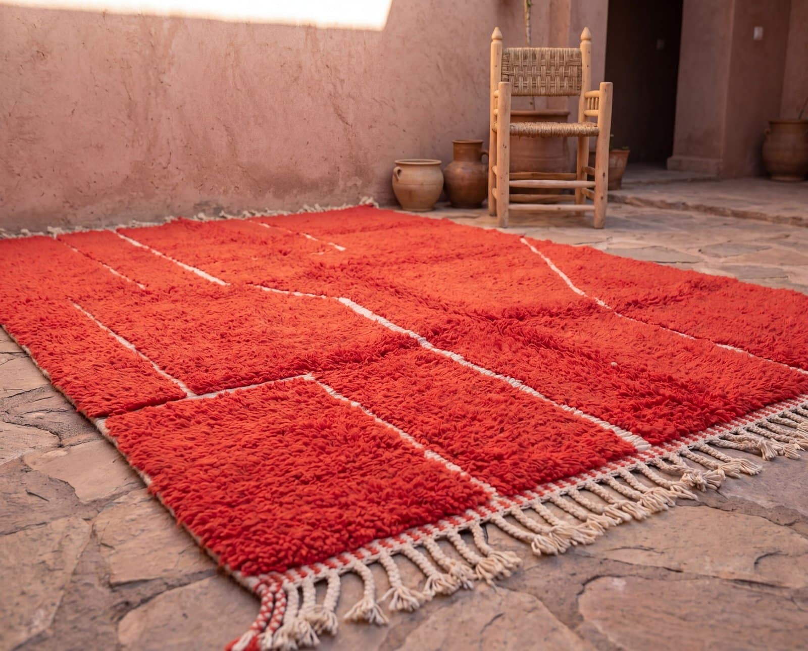 premium-red-azilal-rug-handmade-moroccan-wool-rug-abstract-pattern Handmade Beni Ourain Red Rug – Authentic Moroccan Red Rug, Geometric Design, Boho Home Decor