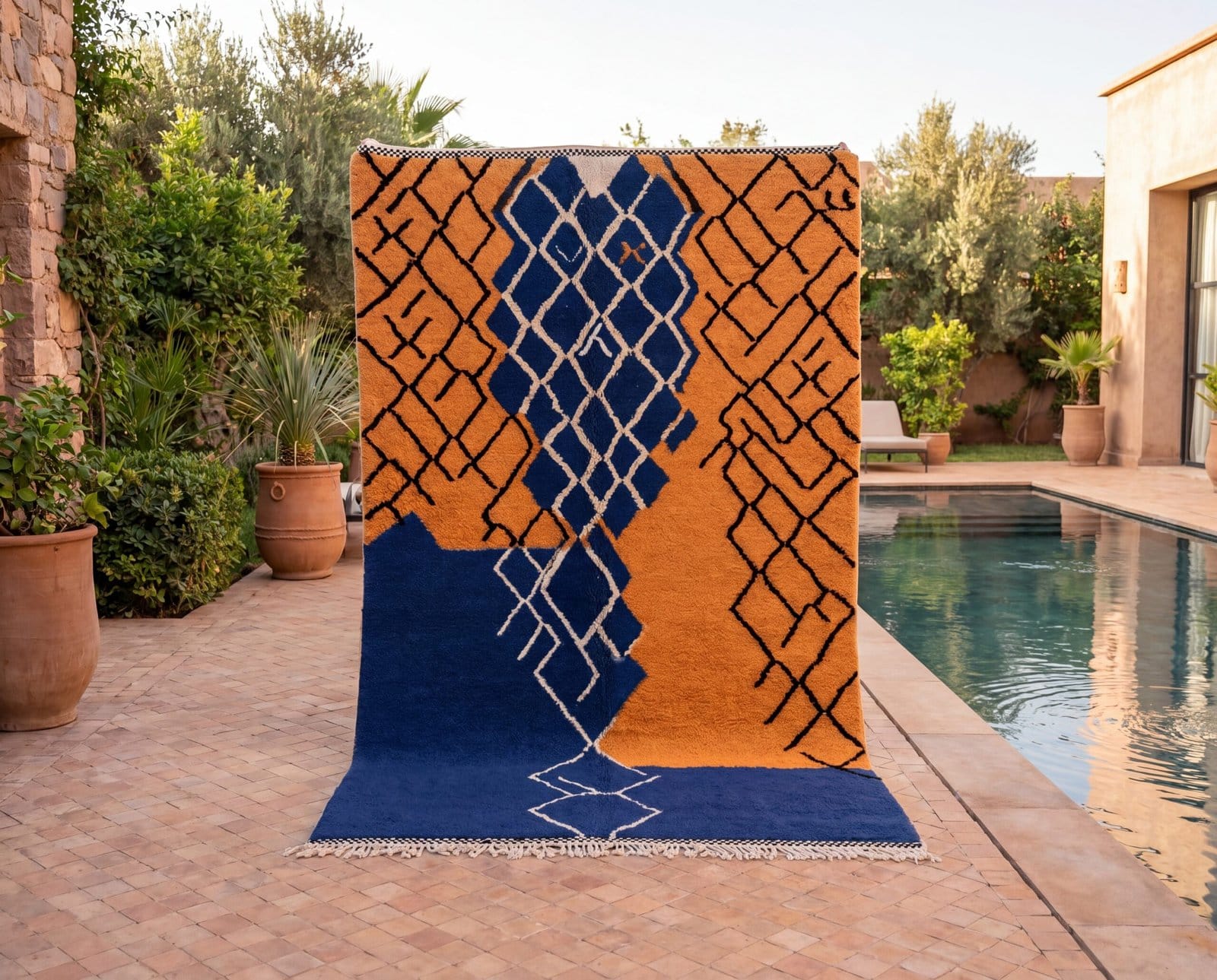 royal-blue-beni-ourain-rug-handmade-moroccan-wool-rug-boho-area-rug Handmade Beni Ourain Wool Rug – Moroccan Berber Boho Carpet, Blue Orange Geometric Design