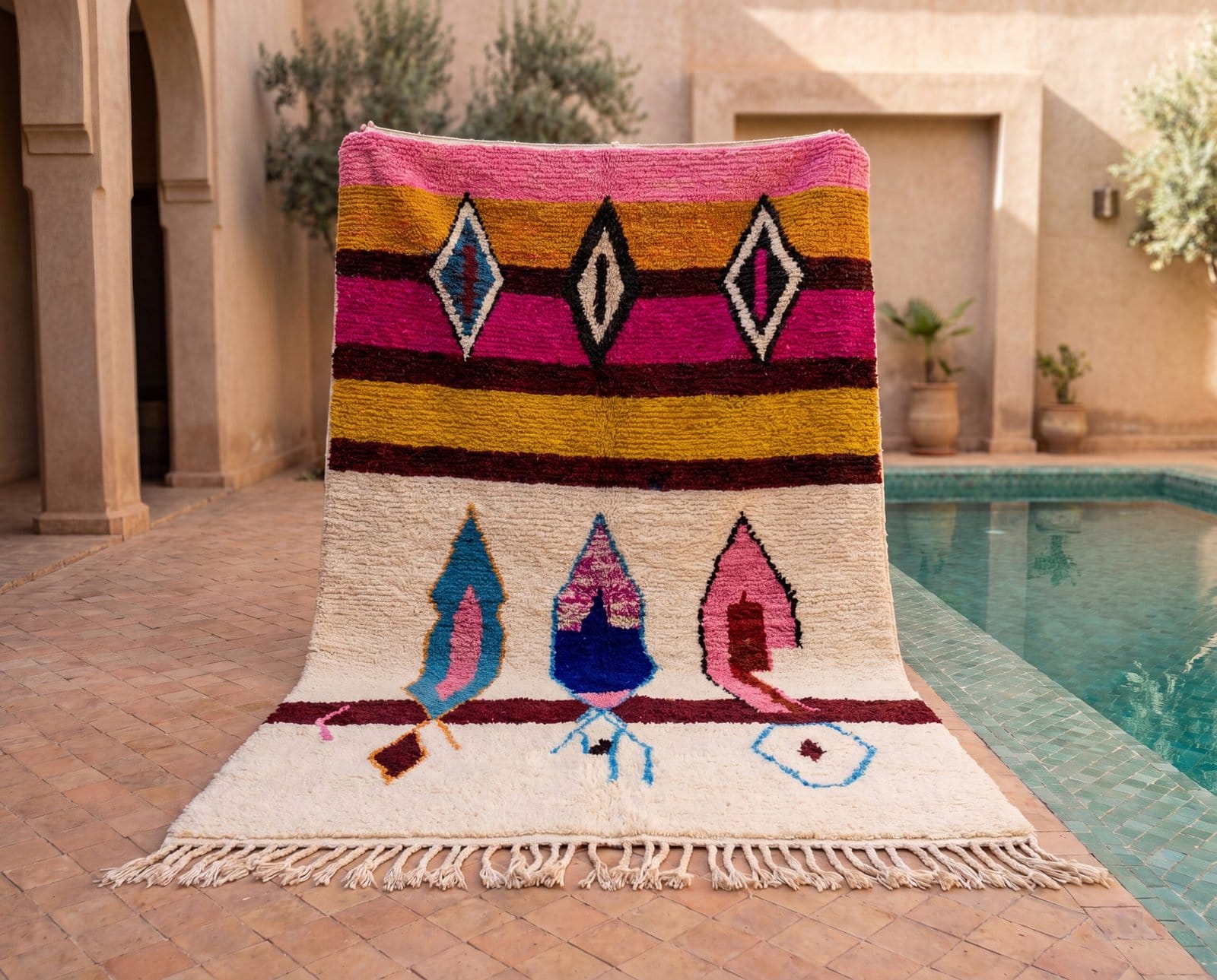 statement-moroccan-rug-pink-tribal-berber-carpet Pink Moroccan Berber Rug | Handmade Colorful Wool Area Rug | Plush Boho Tribal Carpet | Cream Living Room Decor | Custom Size
