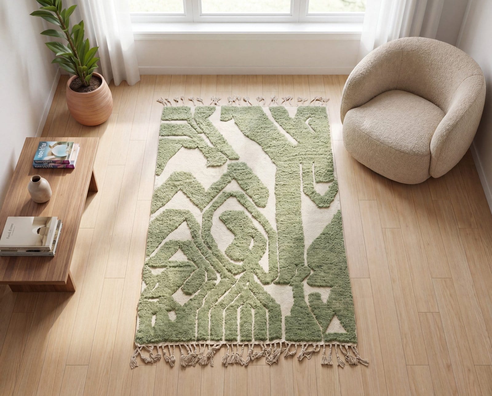 sustainable-handmade-moroccan-wool-rug-organic-home-decor Handmade Olive Green Moroccan Wool Rug, Abstract Berber Shag Area Carpet
