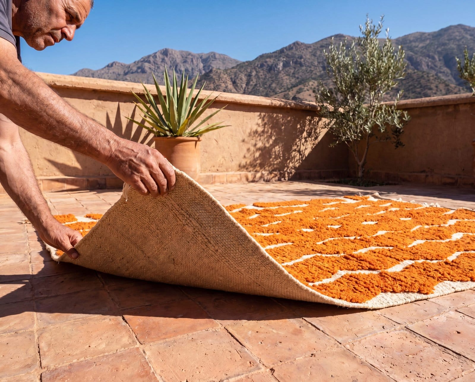 terracotta-moroccan-shag-rug-tribal-geometric-carpet Orange Beni Ourain Rug | Handmade Moroccan Wool Berber Carpet
