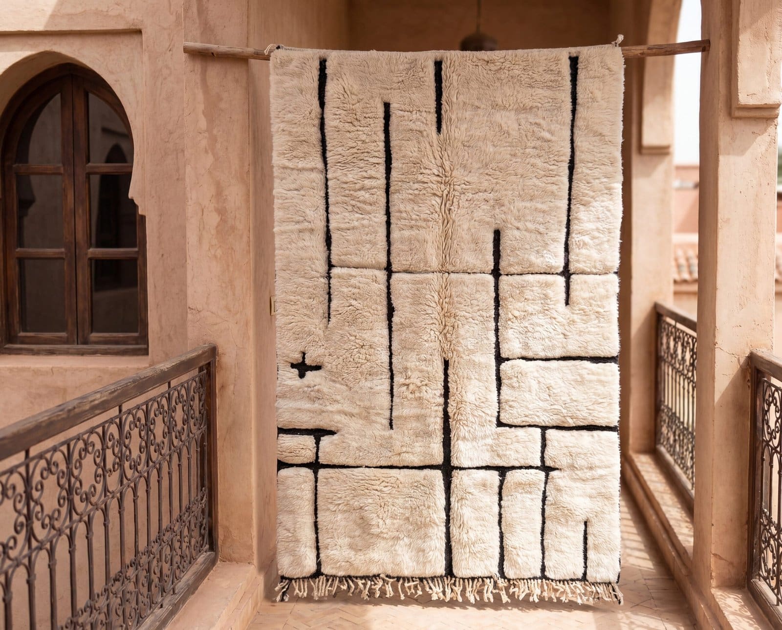 textured-rug-cream-wool-rug-modern-boho-neutral-rug Handmade Ivory Moroccan Beni Mrirt Rug, High Pile Wool Berber Carpet