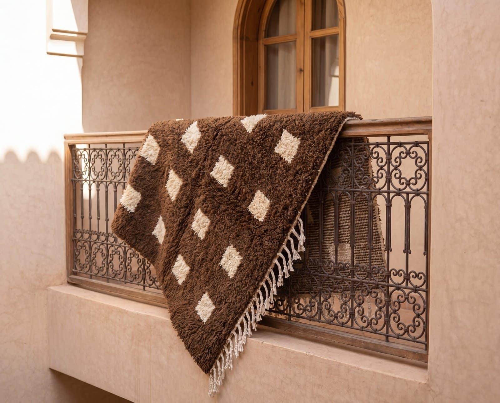 trendy-beni-ourain-rug-modern-bohemian-area-rug Custom Moroccan Rug, Beni Ourain Brown & White Geometric, Square Shag Rug, Handmade Area Rug