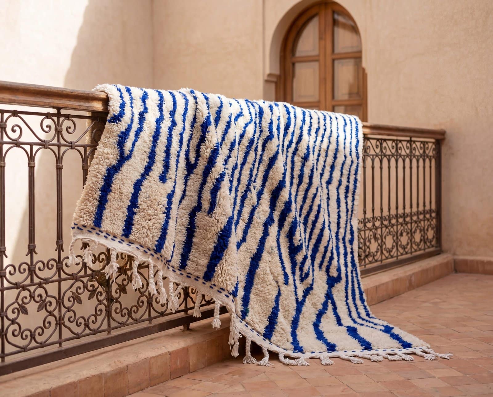 trendy-moroccan-carpet-handmade-tribal-blue-rug Contemporary Beni Ourain Rug – Luxury Moroccan Ivory Blue Stripe Area Rug