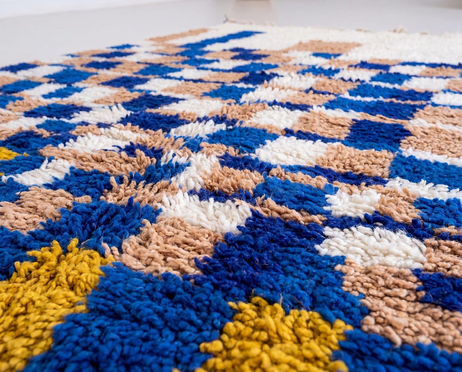 trendy-moroccan-rug-blue-ivory-boho-home-decor Handmade Moroccan Azilal Rug | Blue Berber Wool Geometric Carpet
