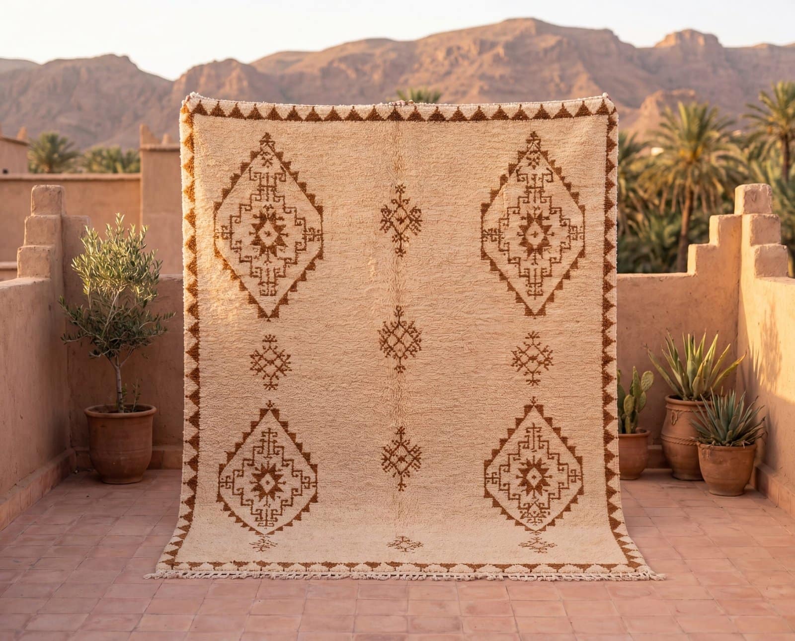 tufted-moroccan-rug-cream-earth-tone-design Handmade Moroccan Wool Rug, Plush creamy wool base with brown geometric motifs
