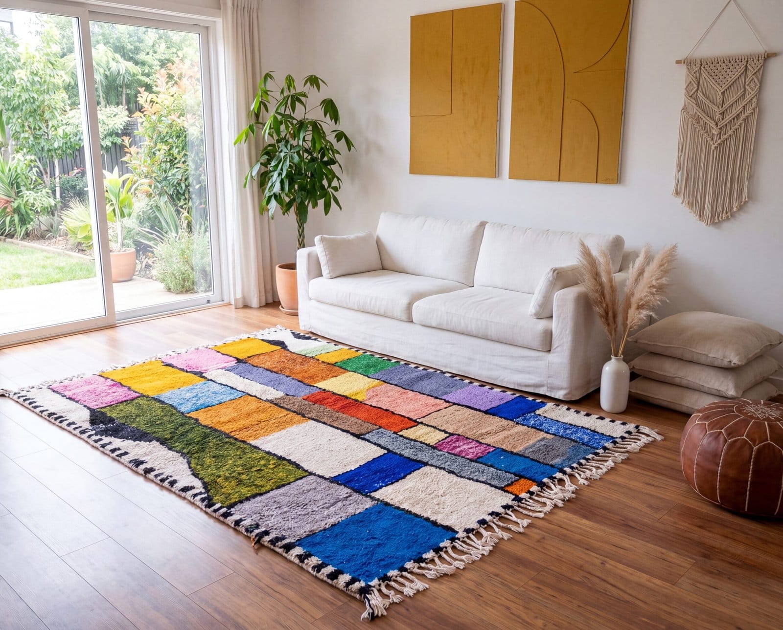 unique-azilal-rug-purple-green-pink-boho-home-decor Handmade Moroccan Azilal Wool Rug – Colorful Geometric Berber Boho Area Carpet