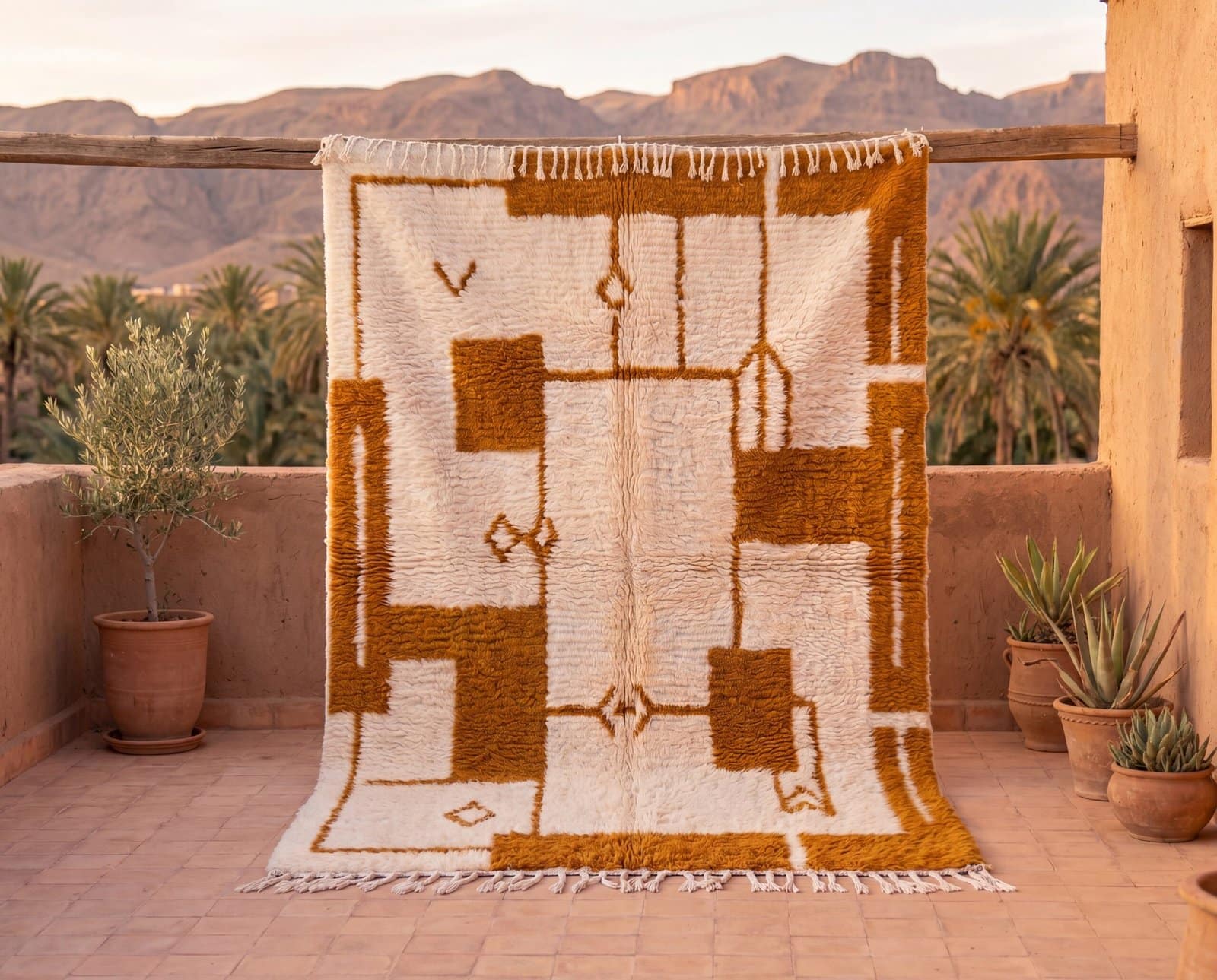 unique-geometric-rug-moroccan-rug-9x12-boho-home-rug Beni Ourain Rug, Plush creamy wool base with brown geometric motifs, Berber Rug, Home Decor Rug.