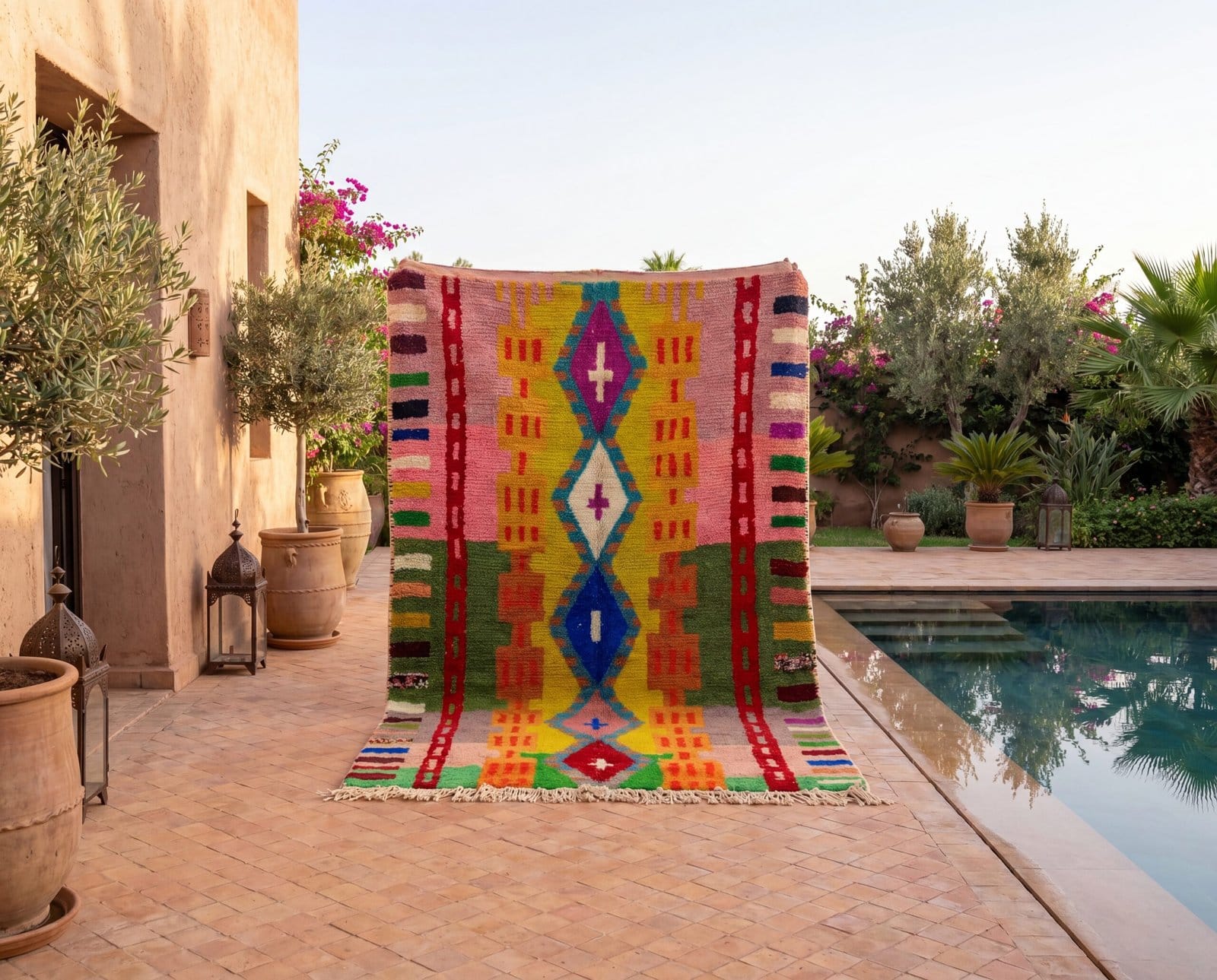 vibrant-tribal-moroccan-area-rug-geometric-style Colorful Moroccan Rug, Artistic Moroccan Wool Rug, Custom Morrocan Rug, Handmade Carpet
