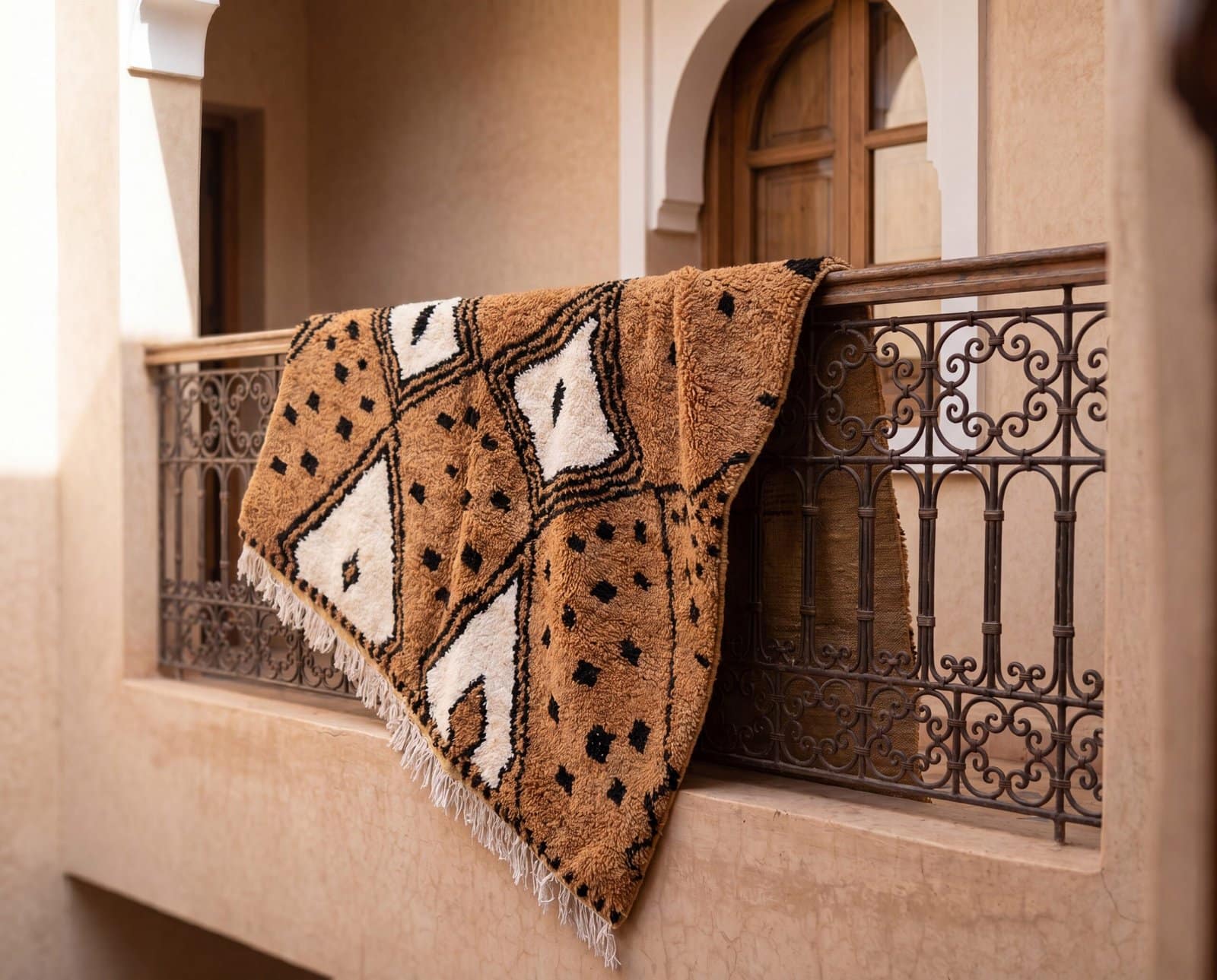 vintage-berber-rug-geometric-moroccan-area-rug Hand-Knotted Beni Ourain Wool Rug, Brown White Berber Shag Carpet