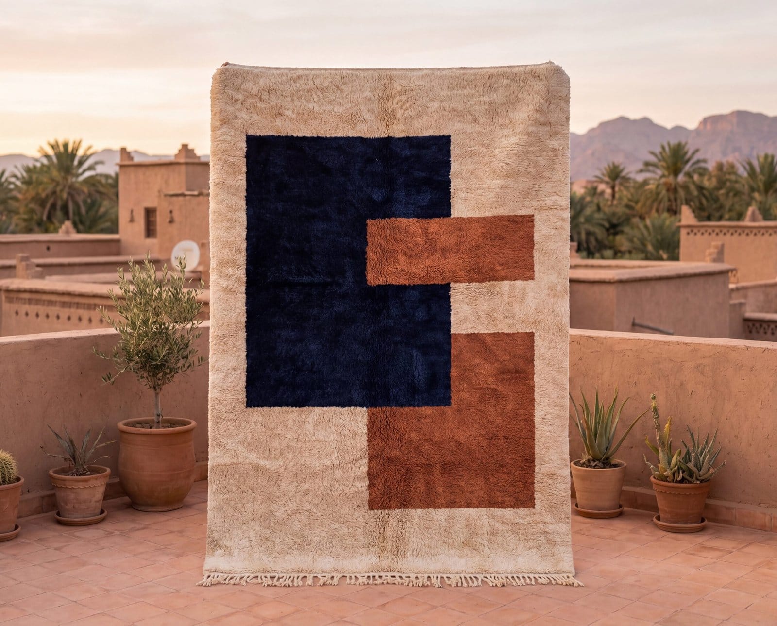 white-berber-moroccan-rug Handmade Cream Moroccan Rug: Berber Wool Rug, brown & blue Rugs, Boho Living Room Decor