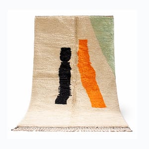 Moroccan Beni Ourain rug centered in the frame with abstract black and orange design