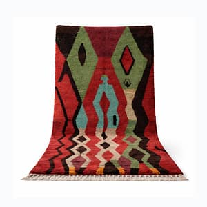 Front view of Azilal rug standing upright with bold tribal design