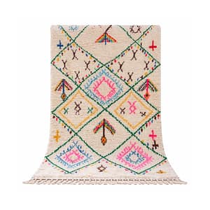 handmade-colorful-moroccan-berber-wool-rug Full view of a handmade Moroccan wool rug with colorful diamond patterns on a white background.