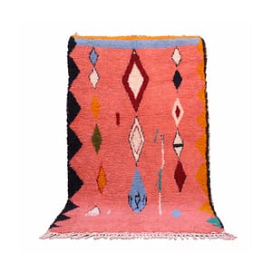 handmade-pink-moroccan-berber-wool-rug Full view of a pink Moroccan Berber rug featuring bold geometric tribal patterns.