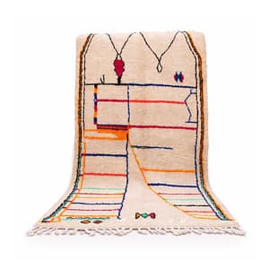 luxury-handwoven-moroccan-abstract-carpet Handmade Moroccan Berber rug with colorful abstract stripes on ivory wool.