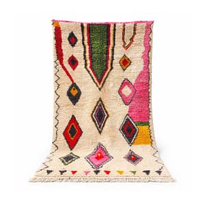 premium-berber-rug-with-colorful-symbols Full front view of handmade Moroccan Berber wool rug with bold multicolor diamond motifs on an ivory base.