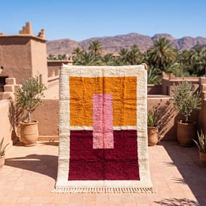 Image-of-a-Moroccan-iron-rug-displayed-on-a-burnt-clay-surface Handmade Beni Ourain Wool Rug, Colorful Moroccan Geometric Area Rug