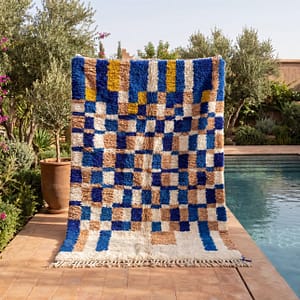 colorful-moroccan-berber-rug-blue-checkerboard-wool-carpet Handmade Moroccan Azilal Rug | Blue Berber Wool Geometric Carpet